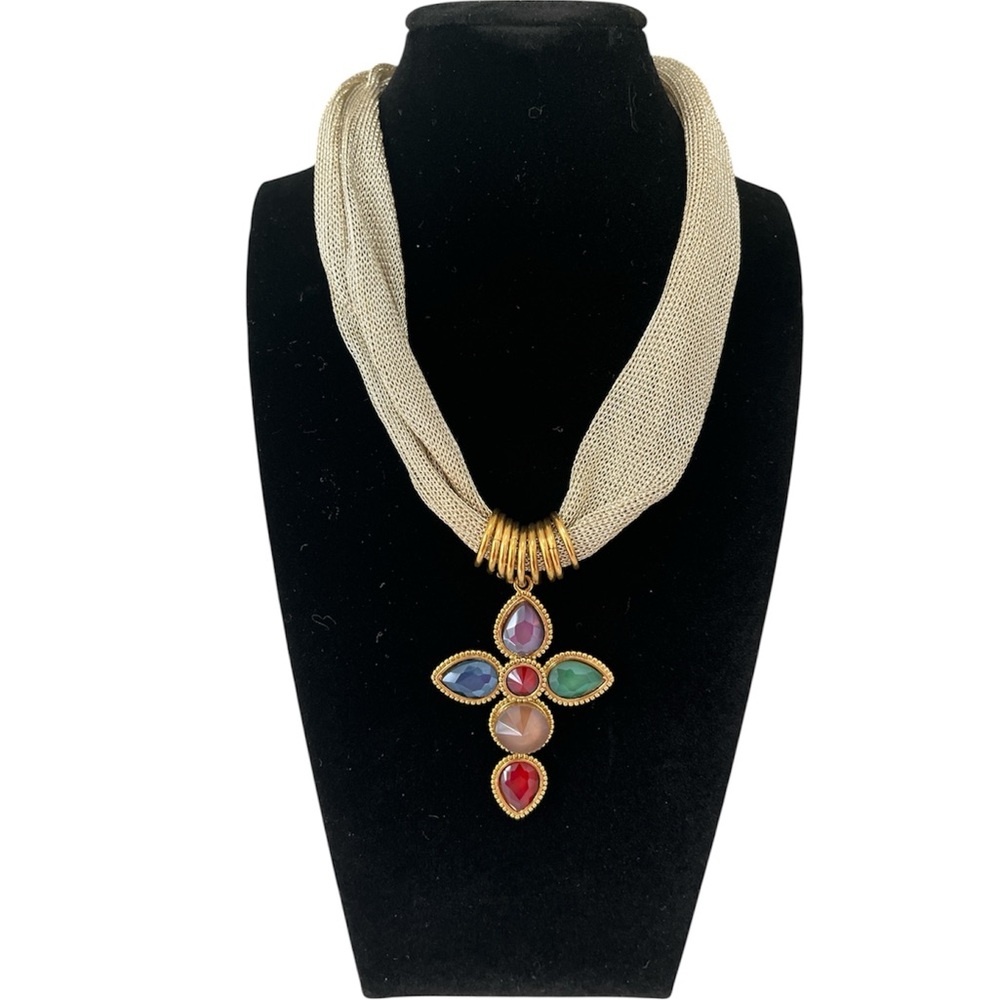 Jeweled Gold Tone Mesh Cross Crucifix Necklace NWT